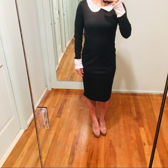 NEW! Black Midi Dress With White Collar Contrast - Picture 3 of 7